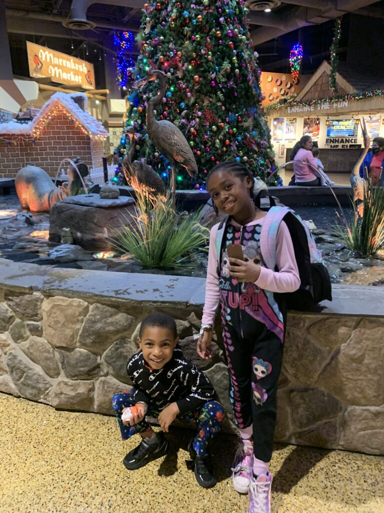 In front of the water fountain at Kalahari